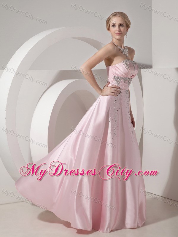 Beading Floor-length Baby Pink Prom Dress in Elastic Woven Satin