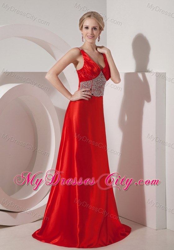 Silk Like Satin Red A-line V-neck Beading Brush Train Prom Dress