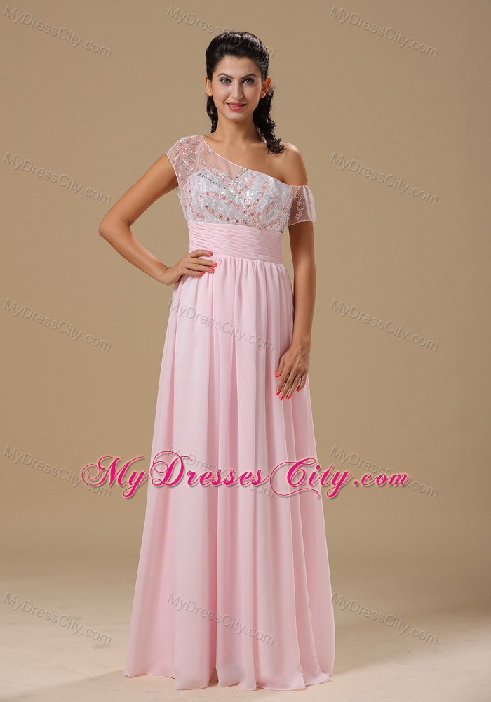 Baby Pink Chiffon Floor-length Prom Dress with Asymmetric Neckline