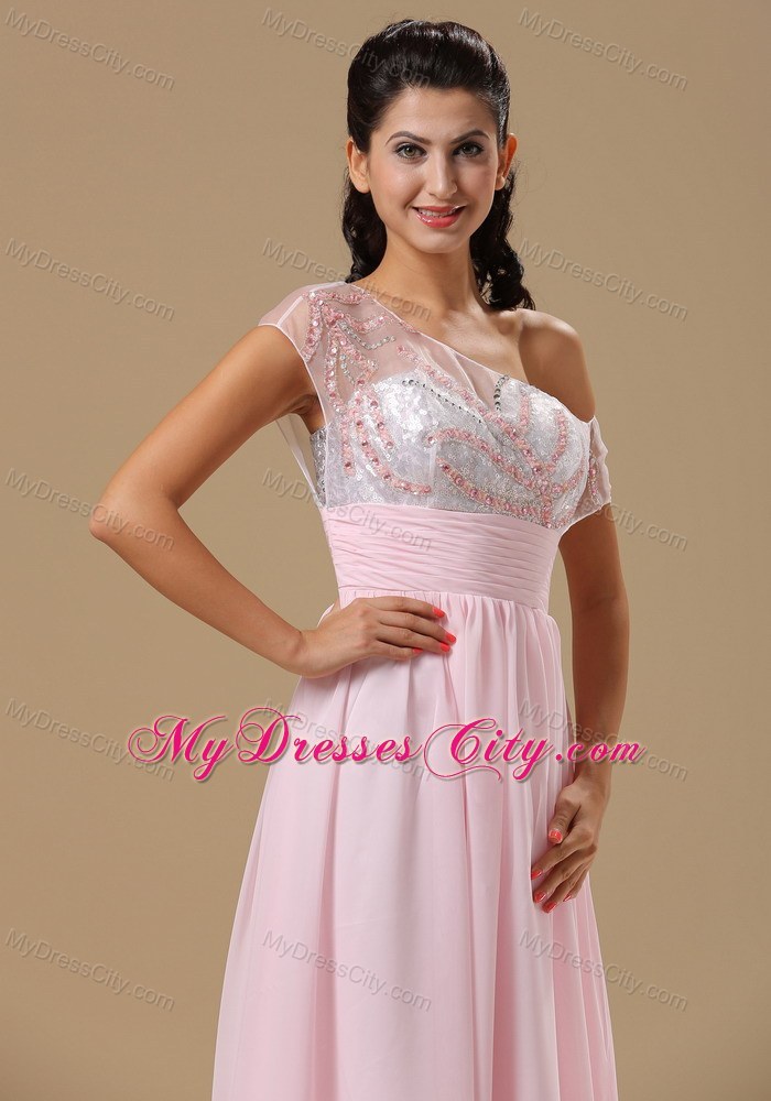 Baby Pink Chiffon Floor-length Prom Dress with Asymmetric Neckline