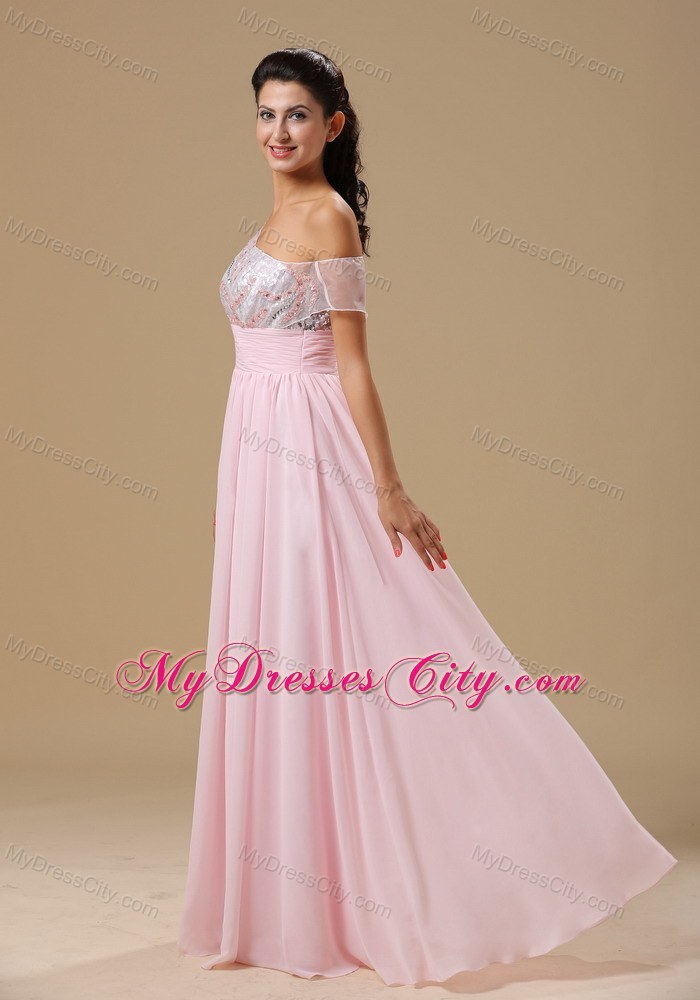 Baby Pink Chiffon Floor-length Prom Dress with Asymmetric Neckline