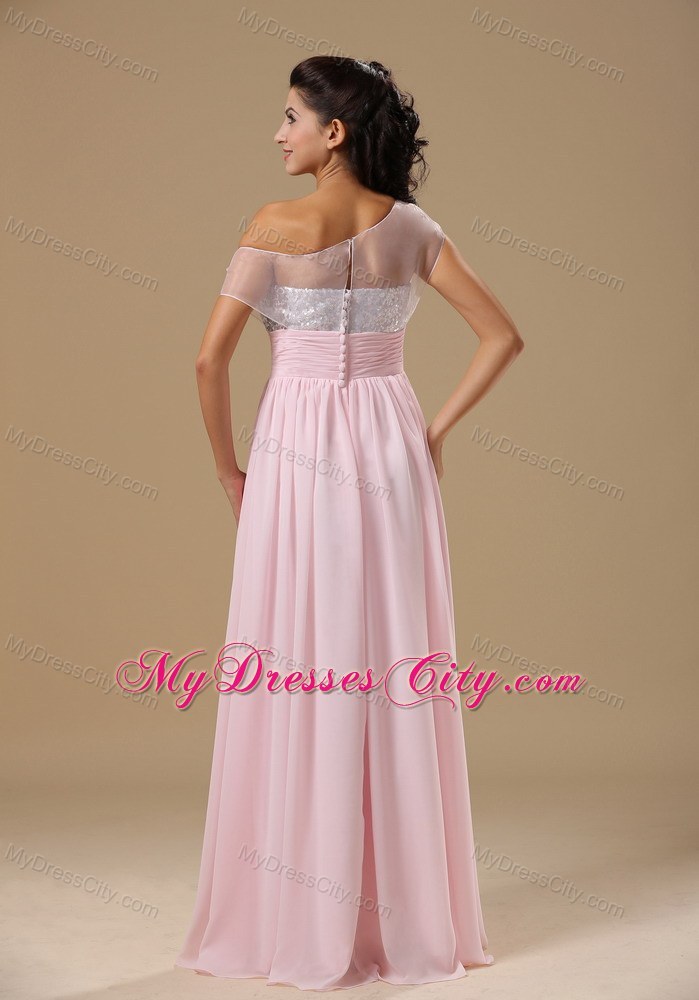 Baby Pink Chiffon Floor-length Prom Dress with Asymmetric Neckline