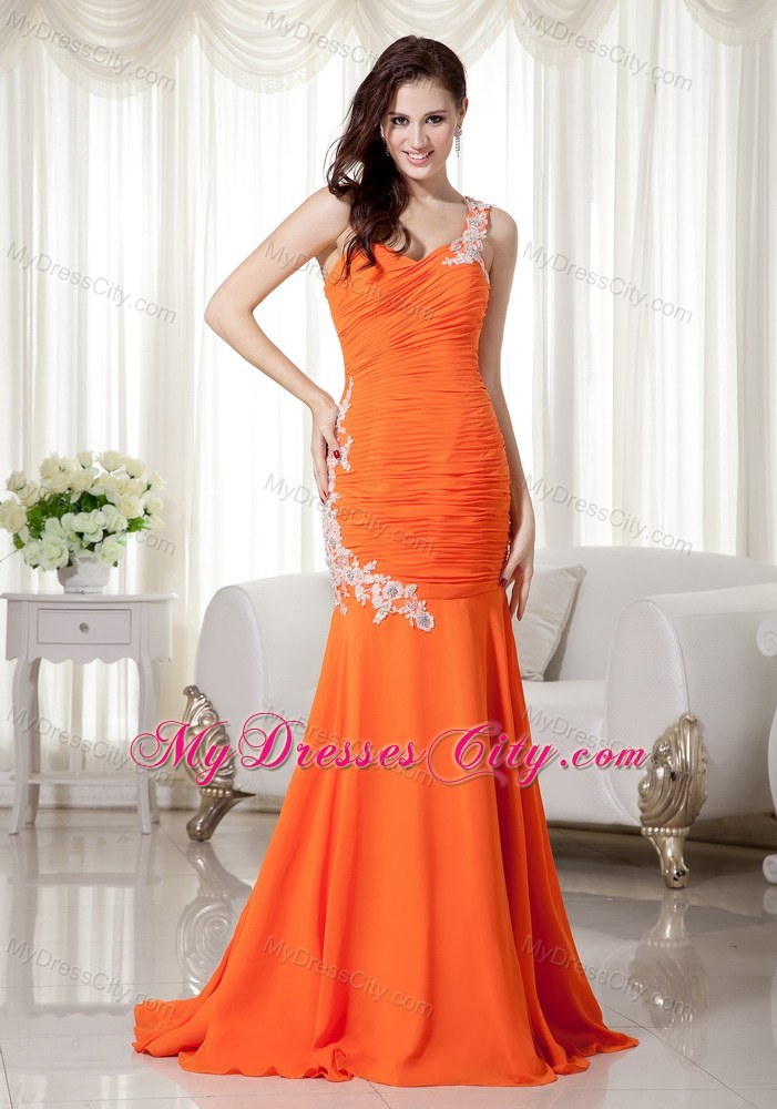 Orange Mermaid One Shoulder Chiffon Prom Dress with Appliques