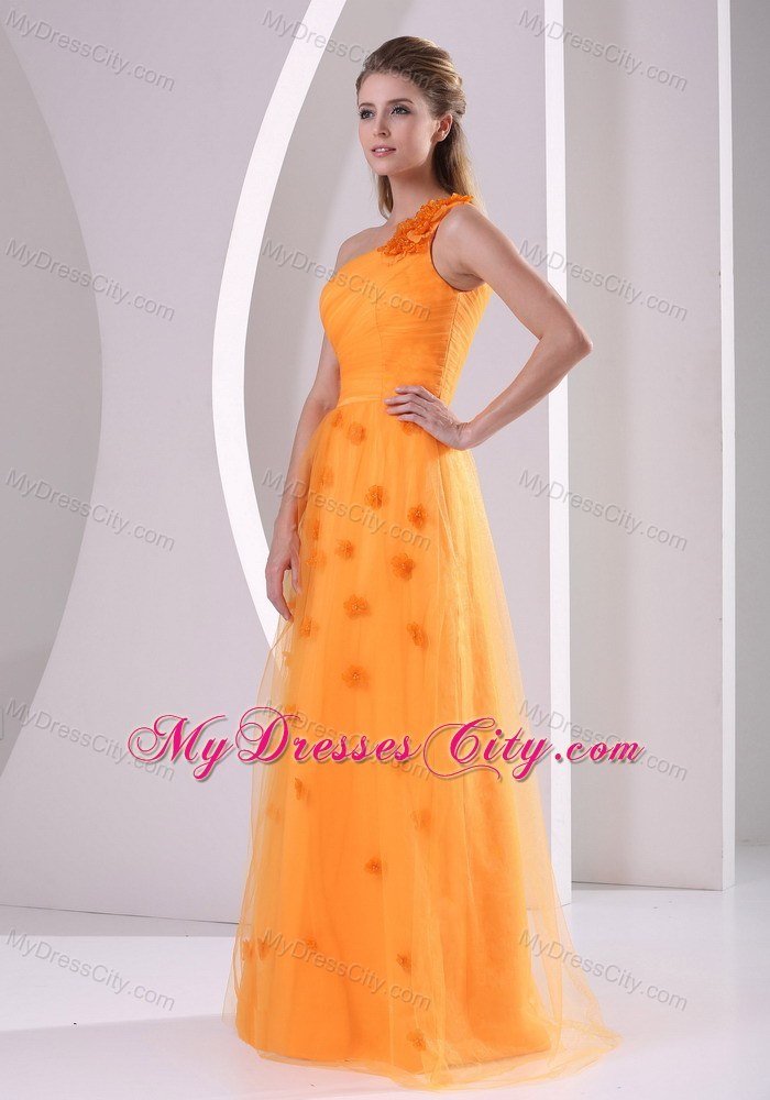 Elegant Orange Tulle Hand Made Flowers One Shoulder Prom Dress