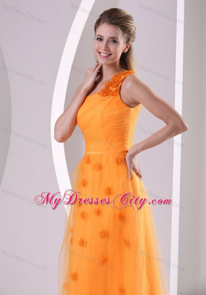 Elegant Orange Tulle Hand Made Flowers One Shoulder Prom Dress