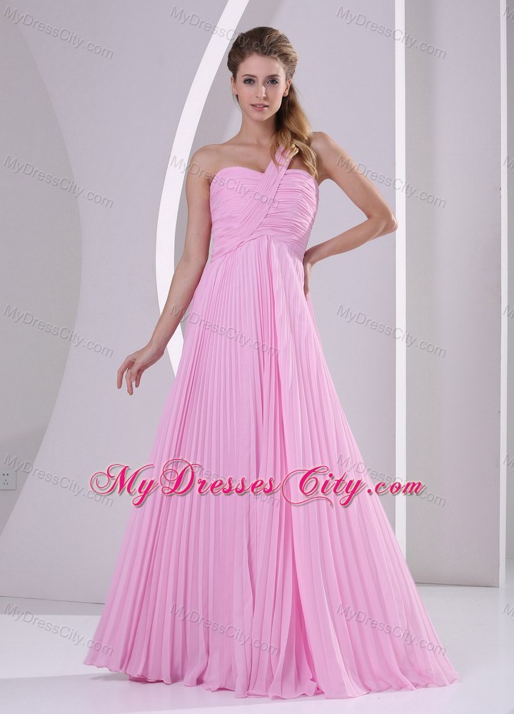 Pink One Shoulder Pleated Chiffon Empire Brush Train Prom Dress