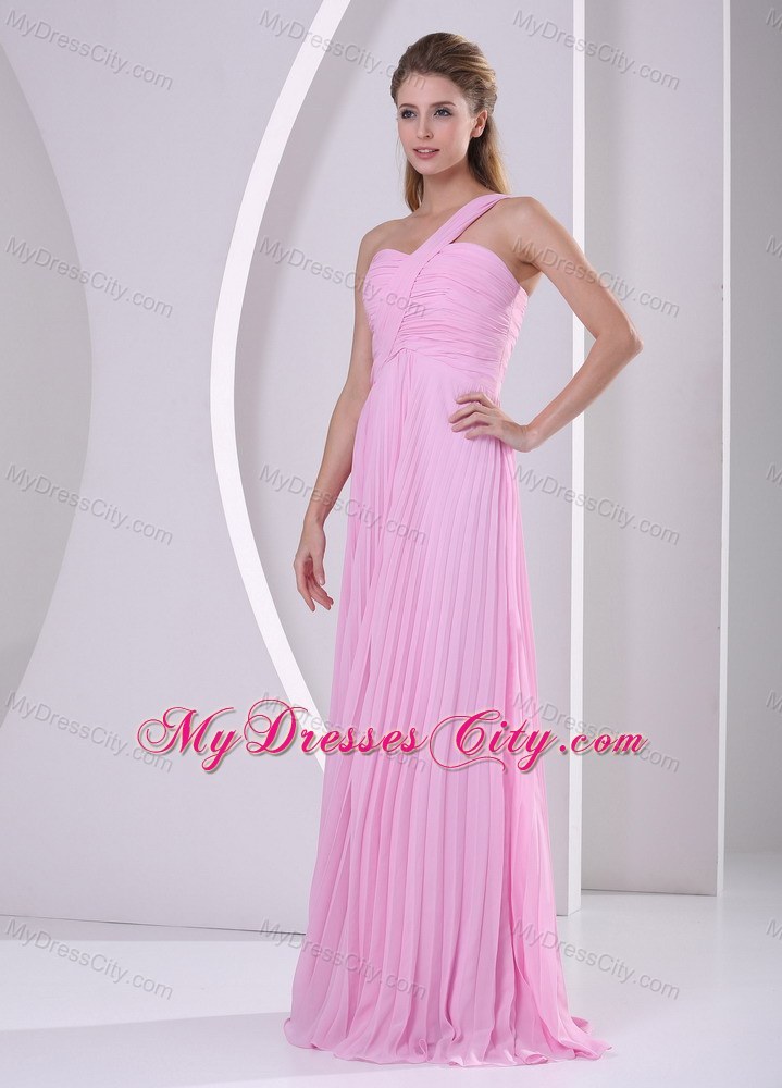 Pink One Shoulder Pleated Chiffon Empire Brush Train Prom Dress