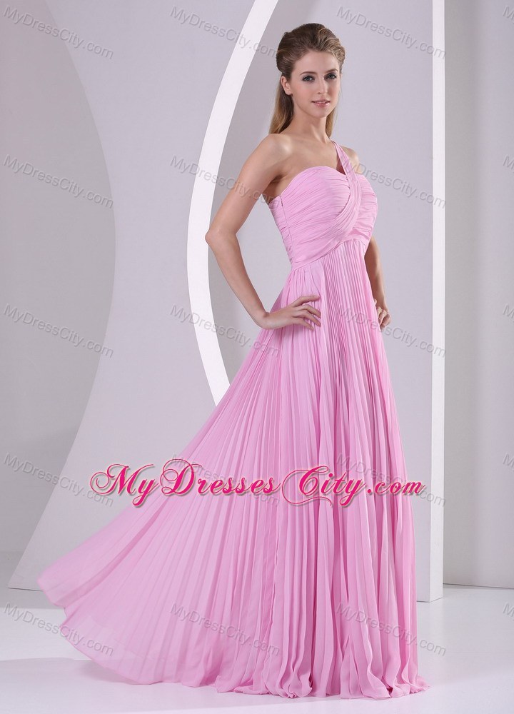 Pink One Shoulder Pleated Chiffon Empire Brush Train Prom Dress