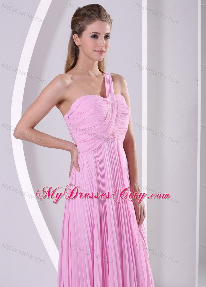 Pink One Shoulder Pleated Chiffon Empire Brush Train Prom Dress