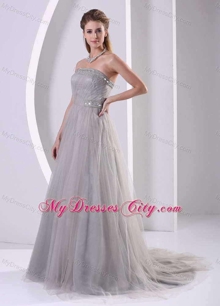 Grey Tulle A-line Beaded Plus Size Prom Dress With Sweep Train