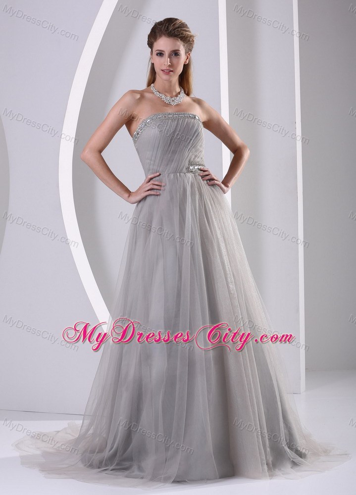 Grey Tulle A-line Beaded Plus Size Prom Dress With Sweep Train