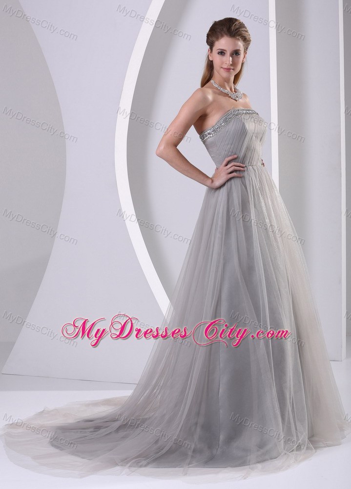 Grey Tulle A-line Beaded Plus Size Prom Dress With Sweep Train