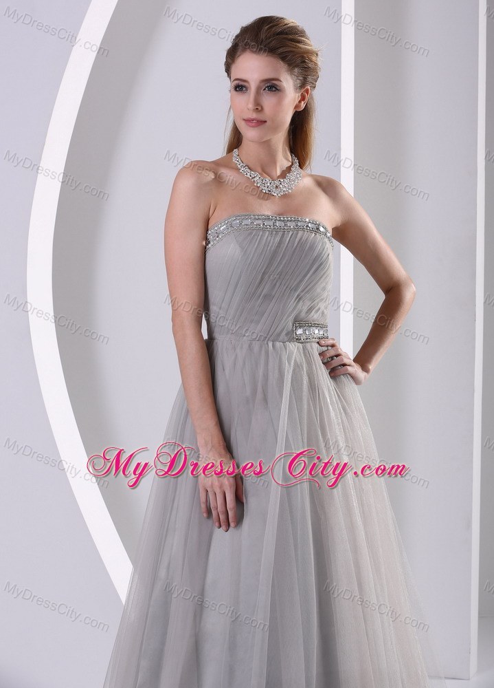 Grey Tulle A-line Beaded Plus Size Prom Dress With Sweep Train