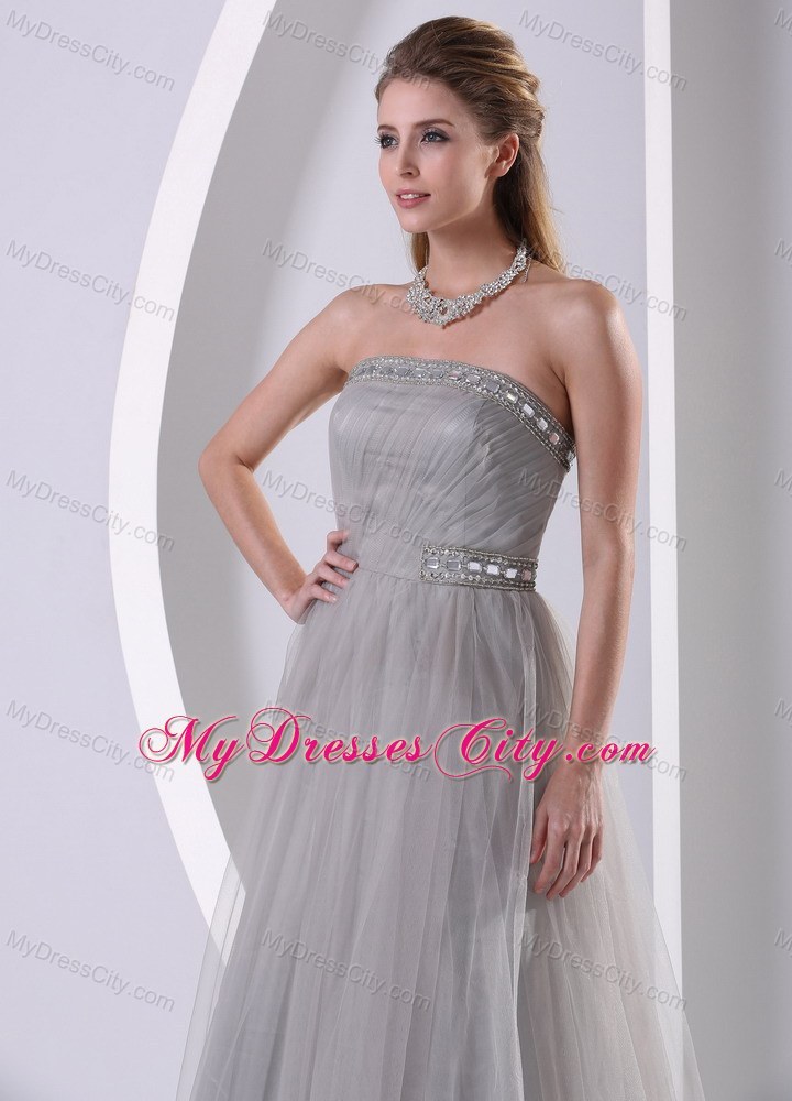 Grey Tulle A-line Beaded Plus Size Prom Dress With Sweep Train