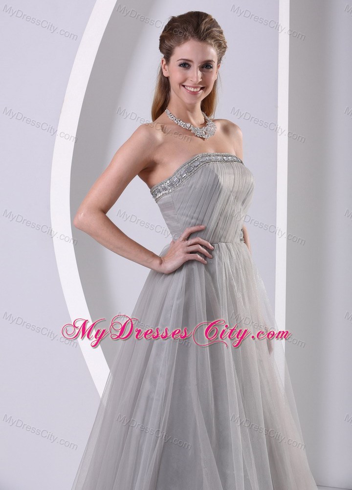 Grey Tulle A-line Beaded Plus Size Prom Dress With Sweep Train