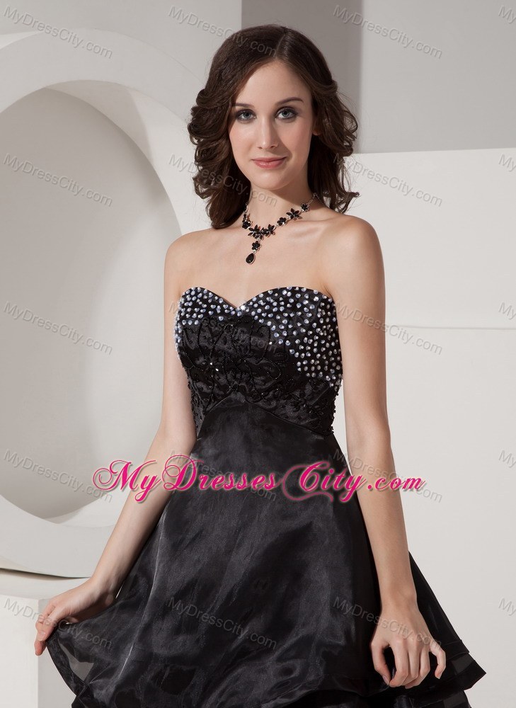 Cute Mini-length Black Princess Sweetheart Beaded Prom Gown