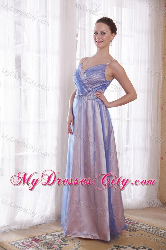 Tulle and Taffeta Beading Lilac Straps Floor-length Prom Dress