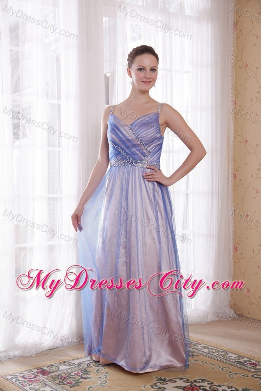 Tulle and Taffeta Beading Lilac Straps Floor-length Prom Dress