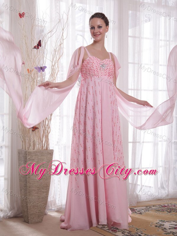 Pink Empire Straps Watteau Train Beading and Sequins Prom Dress