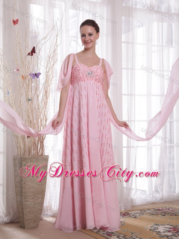 Pink Empire Straps Watteau Train Beading and Sequins Prom Dress