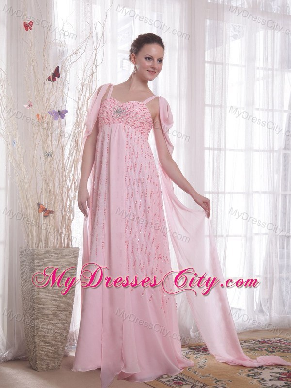 Pink Empire Straps Watteau Train Beading and Sequins Prom Dress