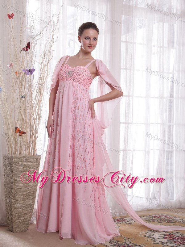 Pink Empire Straps Watteau Train Beading and Sequins Prom Dress