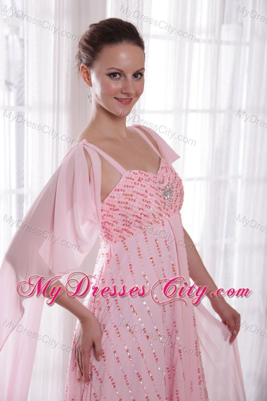 Pink Empire Straps Watteau Train Beading and Sequins Prom Dress