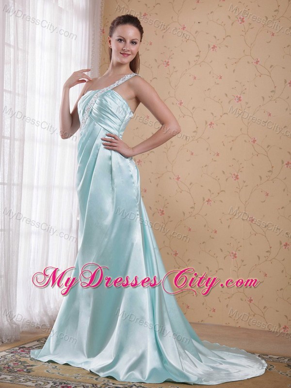 Long One Shoulder Beading Prom Dress with Brush Train