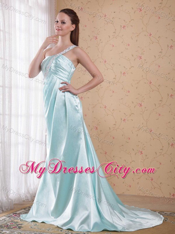 Long One Shoulder Beading Prom Dress with Brush Train