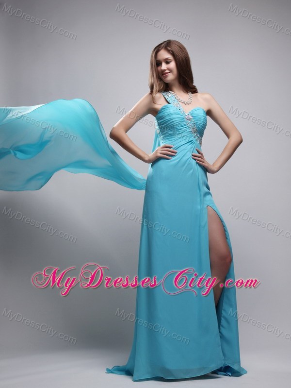 Blue One Beaded Shoulder Chiffon Prom Dress with Train