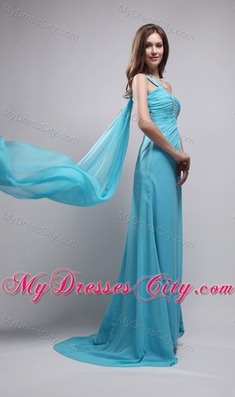 Blue One Beaded Shoulder Chiffon Prom Dress with Train