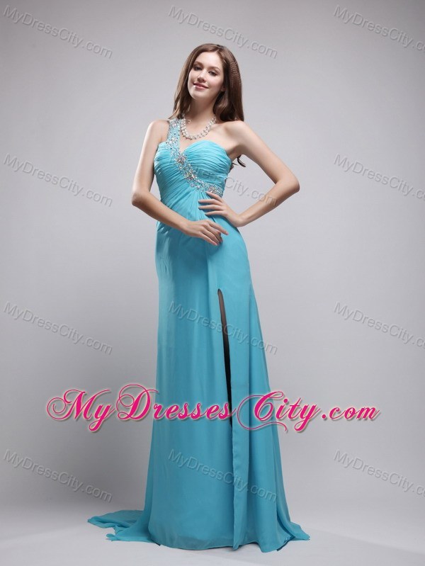 Blue One Beaded Shoulder Chiffon Prom Dress with Train