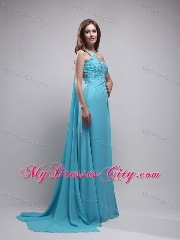 Blue One Beaded Shoulder Chiffon Prom Dress with Train