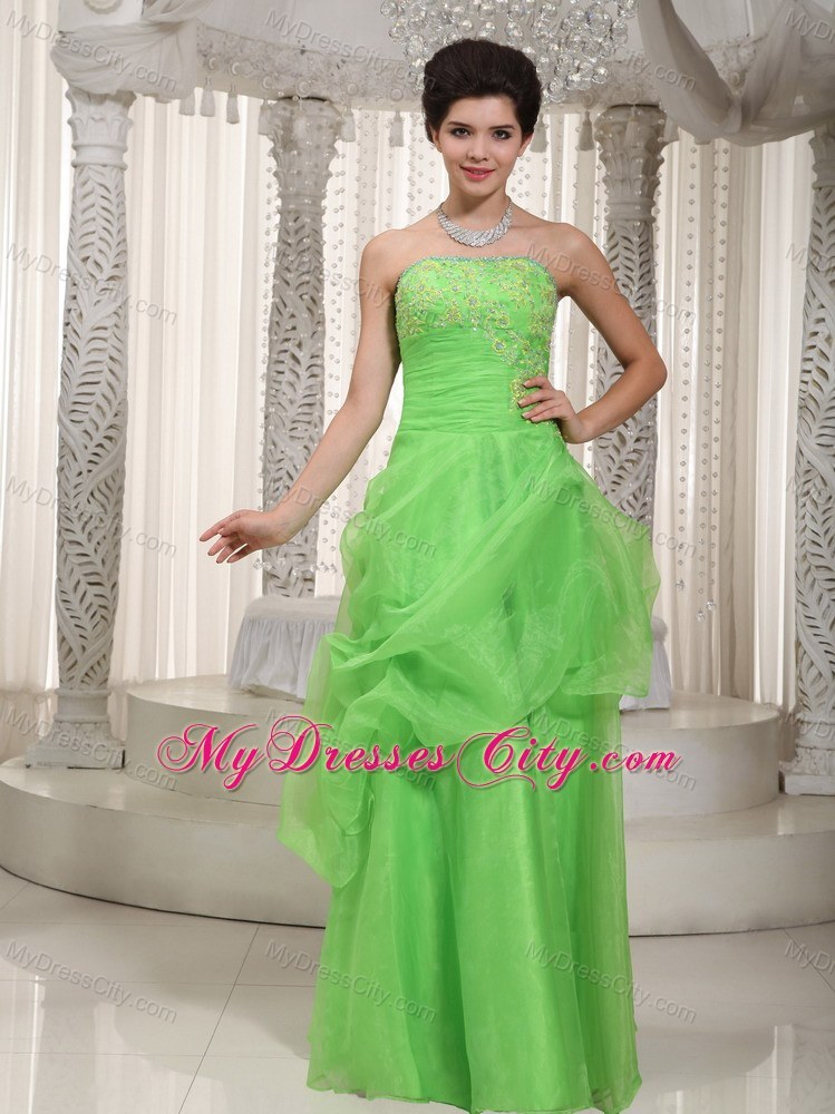 Appliqued Strapless Apple Green Prom Dress with Organza