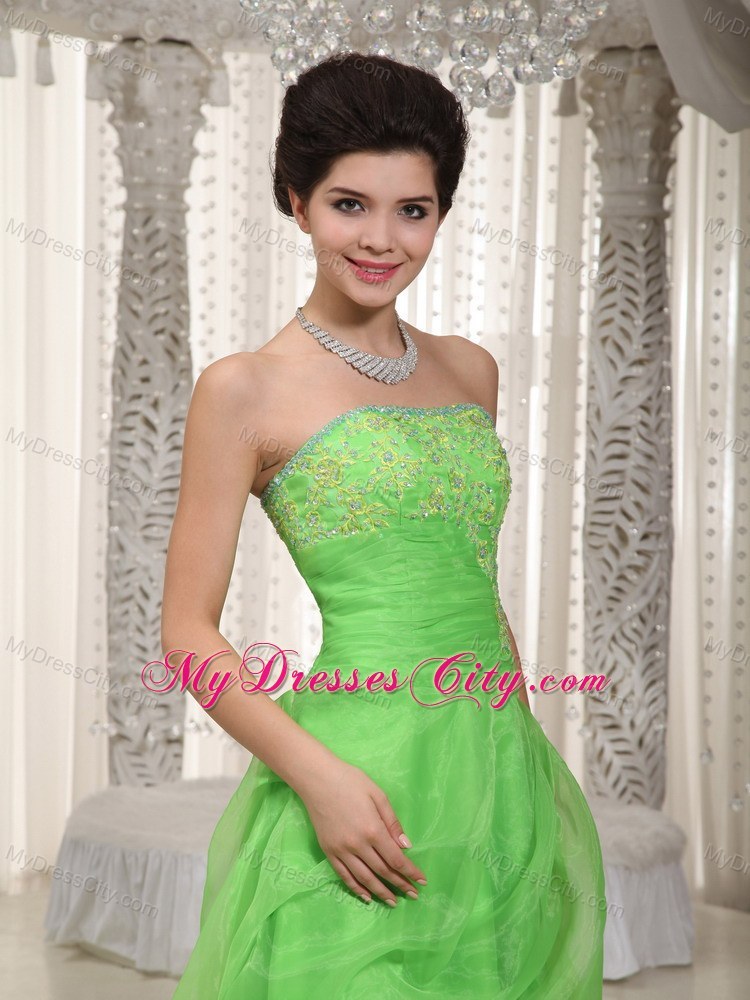 Appliqued Strapless Apple Green Prom Dress with Organza