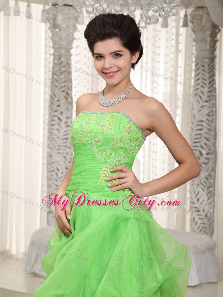 Appliqued Strapless Apple Green Prom Dress with Organza