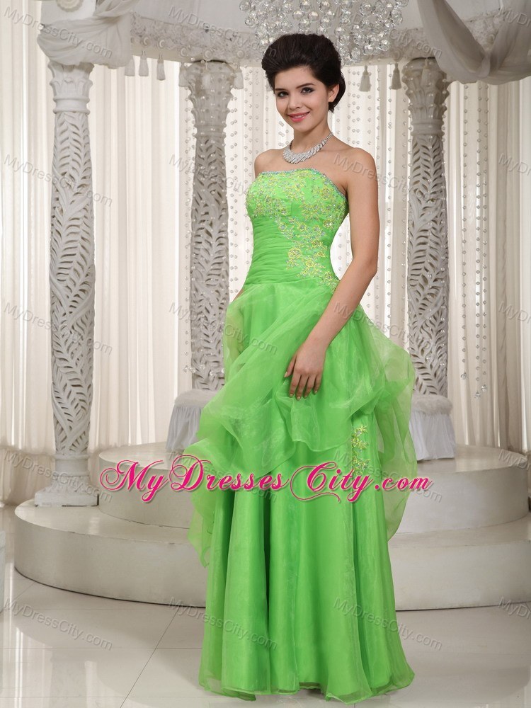 Appliqued Strapless Apple Green Prom Dress with Organza