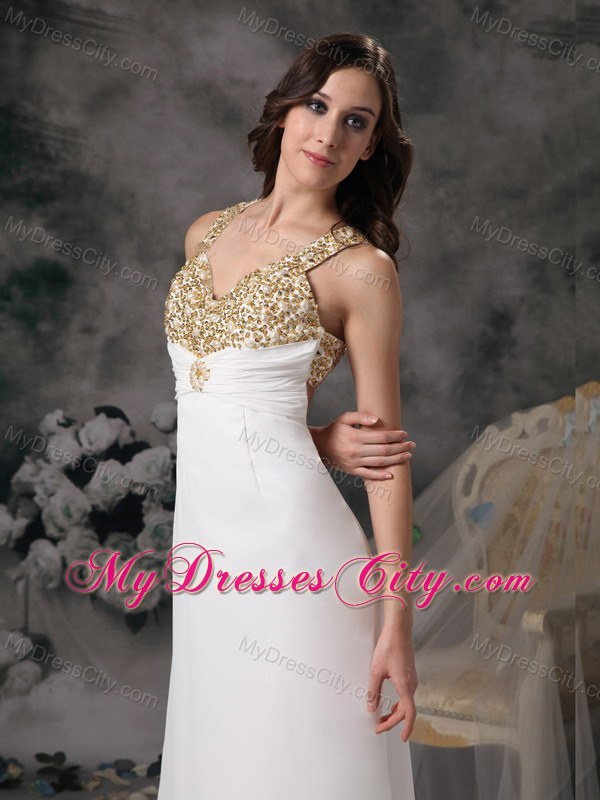 Slinky White V-neck Beading Prom Wedding Dress with Train