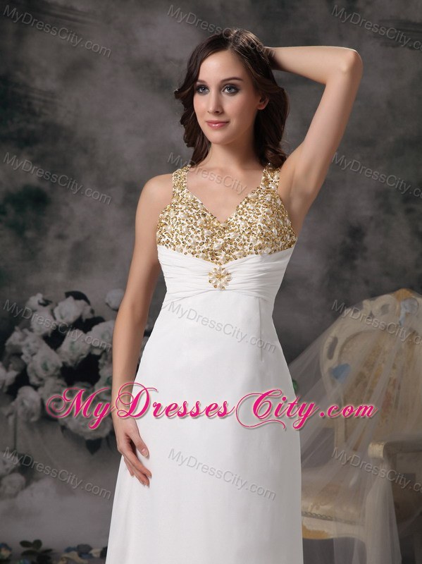 Slinky White V-neck Beading Prom Wedding Dress with Train