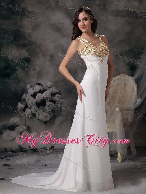 Slinky White V-neck Beading Prom Wedding Dress with Train