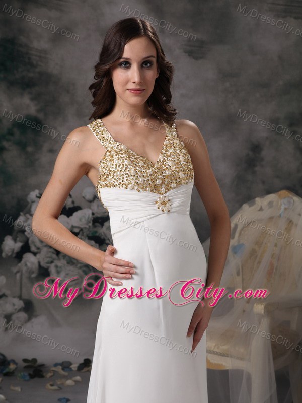 Slinky White V-neck Beading Prom Wedding Dress with Train