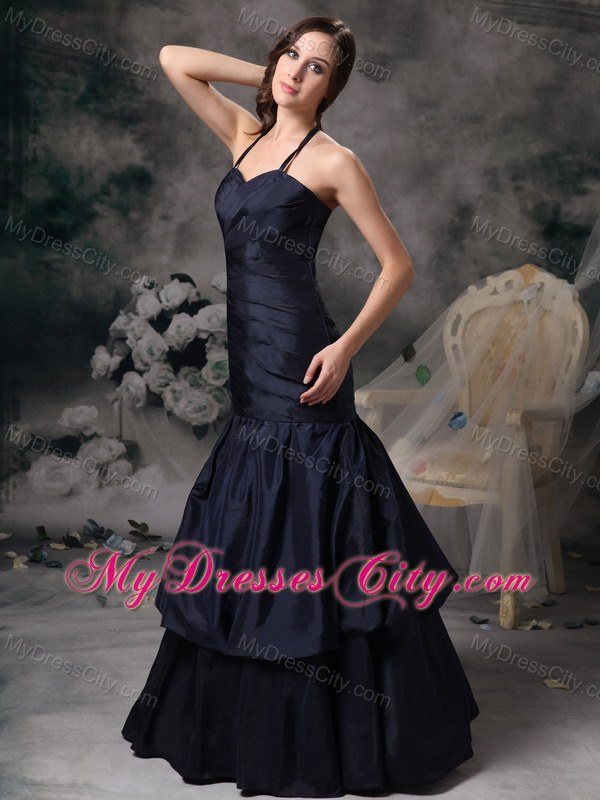 Elegant Black Mermaid Halter Prom Evening Dress Floor-length