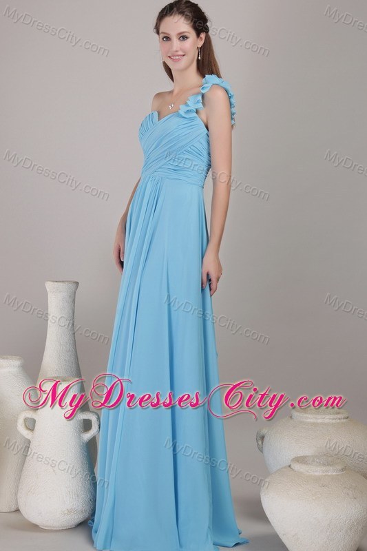 Blue One Shoulder Ruched Chiffon Prom Dress Floor-length