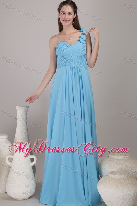 Blue One Shoulder Ruched Chiffon Prom Dress Floor-length