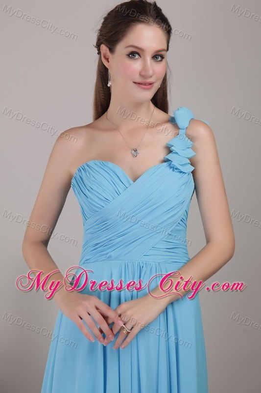 Blue One Shoulder Ruched Chiffon Prom Dress Floor-length