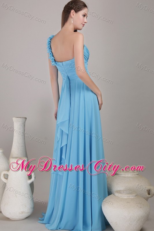 Blue One Shoulder Ruched Chiffon Prom Dress Floor-length