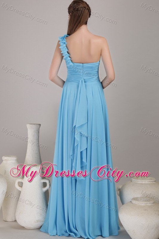 Blue One Shoulder Ruched Chiffon Prom Dress Floor-length