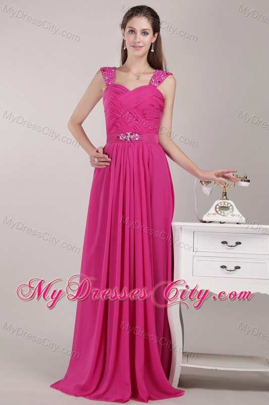 Fuchsia Straps Beading and Ruching Prom Pageant Dress