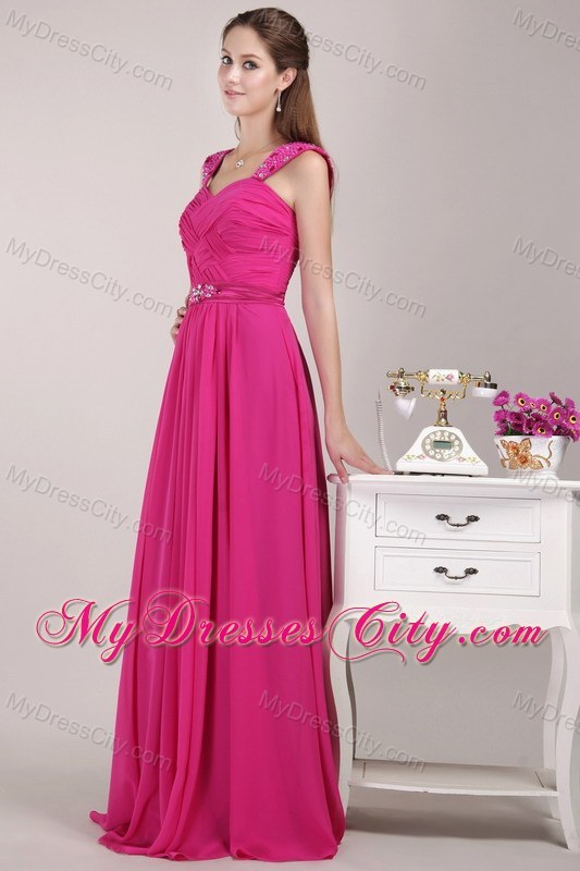 Fuchsia Straps Beading and Ruching Prom Pageant Dress