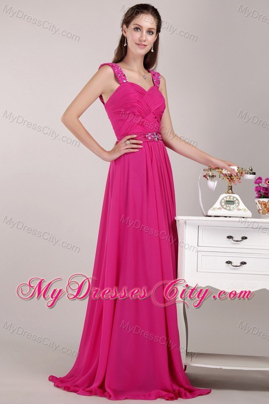 Fuchsia Straps Beading and Ruching Prom Pageant Dress